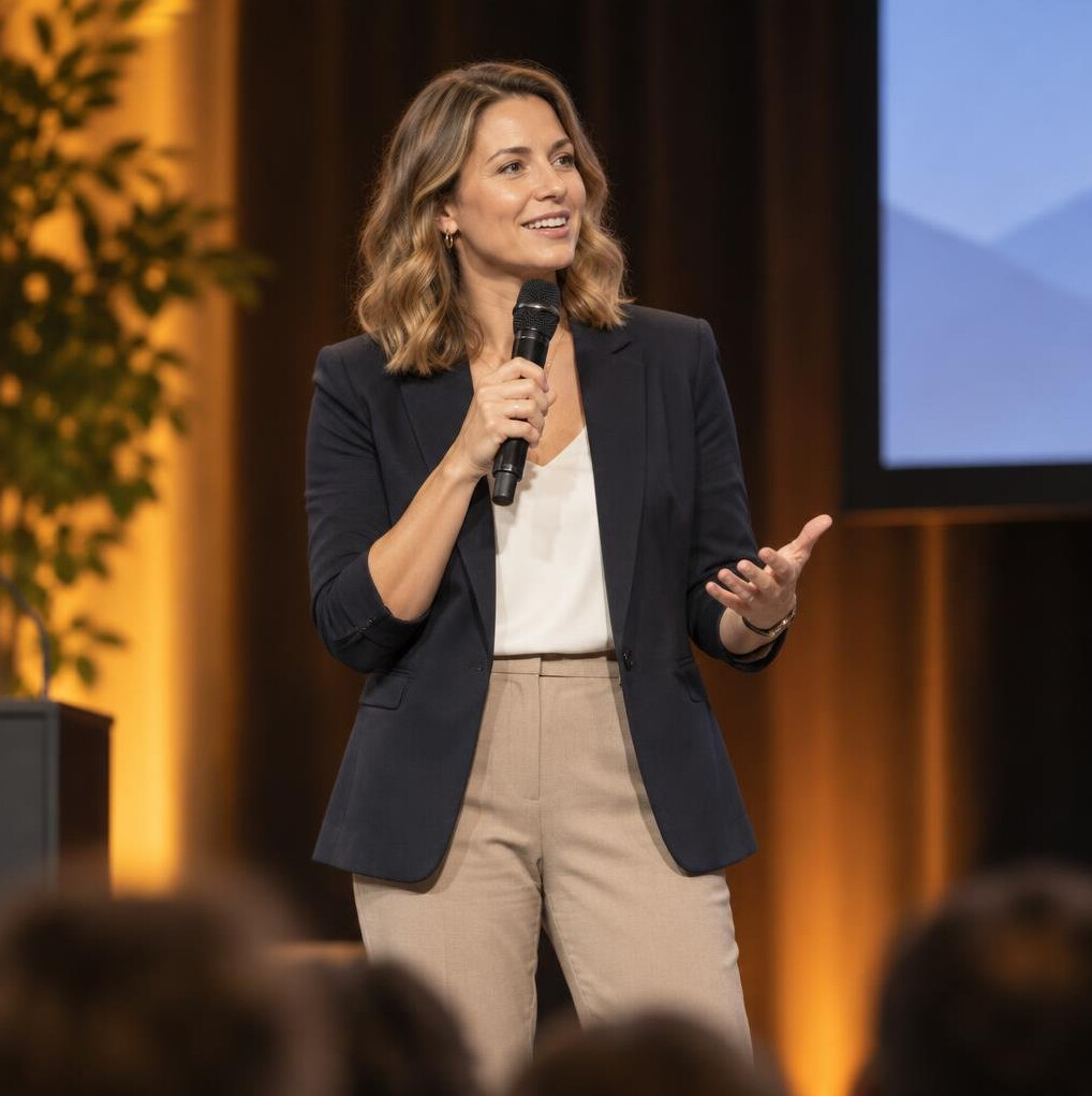 Woman speaking on stage at a conference